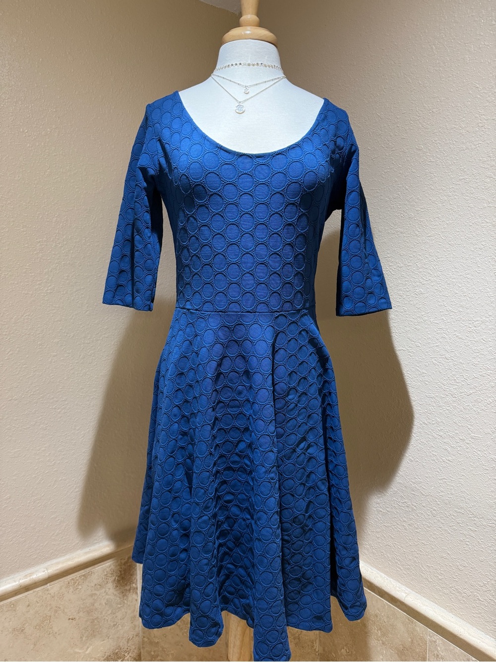 Leota Navy Blue Textured Fit & Flared Midi Dress